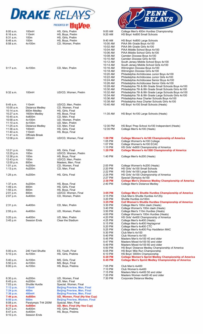 2025 Drake Relays Schedule